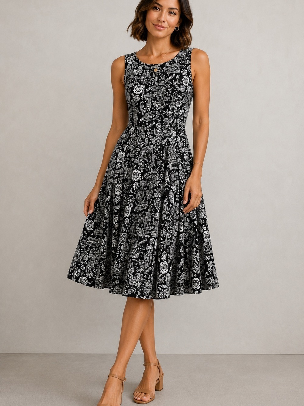 Haani Black and White Fit & Flare Sleeveless Midi Paisley Dress Seams Detail